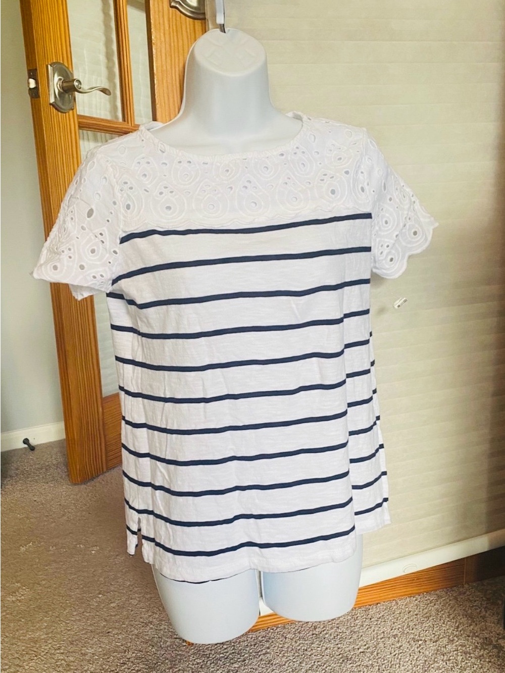 White & Navy Striped Eyelet Sleeve Women's Top